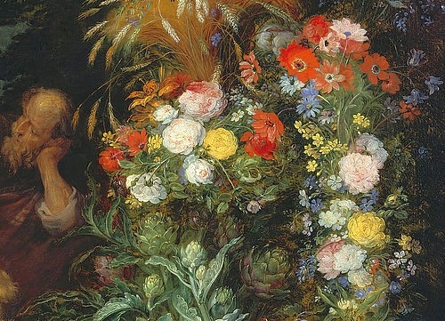 JAN BRUEGHEL DER ÄLTERE, Detail vom rechten Bildrand aus 'Die hl.Familie': Artischocken und verschiedene (Stillleben, Blumen, Blumenvase, Herbst, Ähren, Artischocken, üppig, schlafender Josef, Detail, Barock,  Klassiker, Malerei, Wunschgröße, Wohnzimmer, bunt)