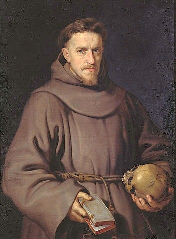 Peter Paul Rubens, Bildnis eines Franziskanermönchs. Um 1615 (Bildnis, Portrait, Mönch, Franziskaner, Buch, Bibel, Kutte, Totenkopf, Totenschädel, Vergänglichkeit, Barock, Klassiker, Malerei,  Treppenhaus, Wohnzimmer, Wunschgröße, bunt)