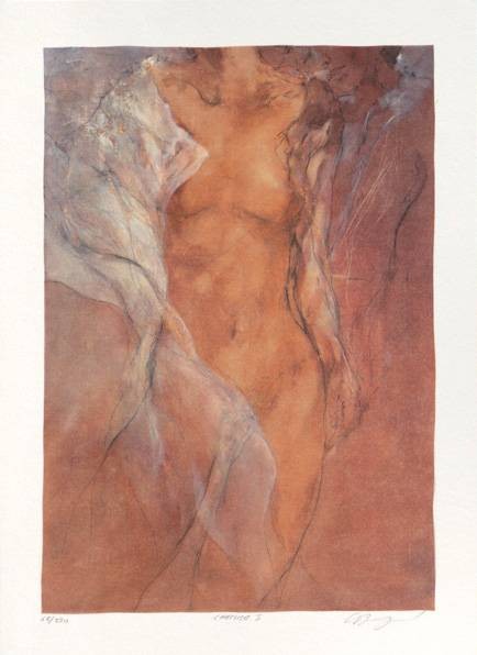 Benfield Gary Chemise I (Siebdruck,  handsigniert) (Aktmalerei, Frau, Körper, nackt, figurativ, Grafik, Original, signiert, Schlafzimmer, Wohnzimmer, bunt)