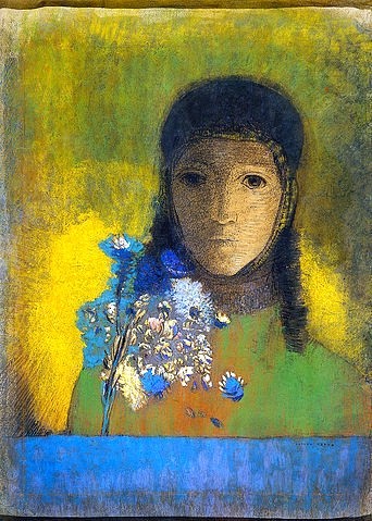 Odilon Redon, Frau mit Feldblumenstrauss. (Symbolismus, Figurativ, Frau,  Portrait, Blumenstrauss, mystisch, geheimnisvoll, Treppenhaus, Wohnzimmer, Wunschgröße, klassische Moderne, Malerei, bunt)