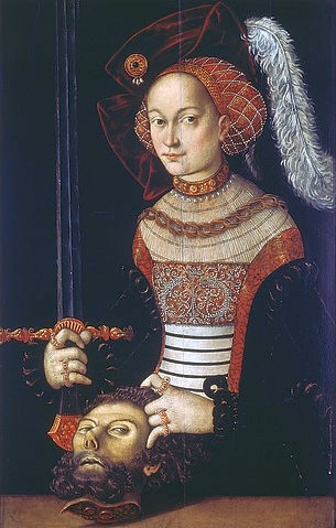 Lucas (Werkstatt) Cranach d.Ä., Judith. (Cranach d.Ä.,Lucas (Werkstatt),Wroclaw (Breslau),Muz.Narodowe,Öl auf Leinwand,Cranach,Lucas Cranach,Lucas Cranach der Ältere,Werkstatt,Judith,Frau,16. Jahrhundert,Schwert,Holofernes,Kopf,Feder,Altes Testament,Schmuck,Haarnetz)