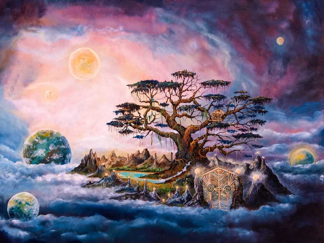 Conny Krakowski, Der Weltenwächter (Surrealismus, Traum, Magie, Esoterik, Baum, Traumbaum,Lebensbaum,Geburt,Leben,Sterben,Wege, Lebensweg, Phantasie,Fantasie,Realismus,Malerei,Gemläde,detaiiert,Traumbild,Traumlandschaft,Landschaftsmalerei,Träumerei,Wasserfall,Berge,Wolken,)