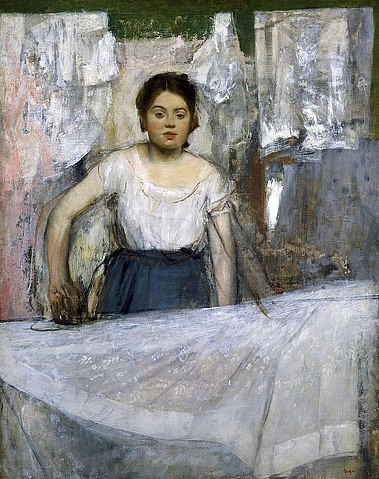 Edgar Degas, Die Büglerin. Um 1869 (Degas,Edgar,1834-1917,München,Neue Pinakothek,Lwd.,Öl auf Leinwand,Arbeit,Haushalt,Jung,Frau,Degas,19. Jahrhundert,bügeln,beruf, Bayerische Staatsgemäldesammlungen, französischer impressionismus,französisch,impressionistisch)