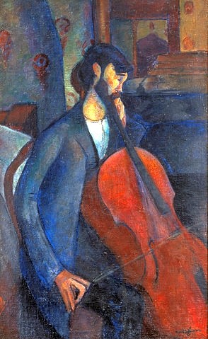 Amadeo Modigliani, Mann am Violoncello. 1909 (Christie's Images Ltd,Modigliani,Amadeo,1884-1920,Amadeo Modigliani,École de Paris,Expressionismus,realistischer Expressionismus,20. Jahrhundert,Mann,Musik,Violoncello,Interieur,Musiker,Bogen,Melancholie,melancholisch,Violinist)