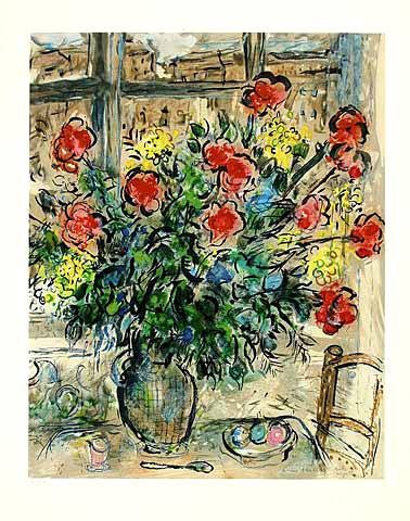 Chagall Marc Strauss vor Fenster, steinsigniert (Lithographie, nummeriert) (Blumenstrauß, Stillleben, Fenster, Sommer, Blumen, Blüten, üppig, Treppenhaus, Wohnzimmer, Arztpraxis, Klassische Moderne, original, bunt)