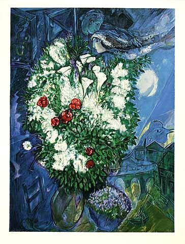 Chagall Marc Liebespaar & Blumen, Prägesig. (Lithographie, nummeriert) (Liebespaar, schwebendes Paar, Hahn, Stillleben, Blumenstraußß, üppig, weiße Lilien, mystisch,  Treppenhaus, Wohnzimmer, Arztpraxis, Klassische Moderne, Original,  bunt)