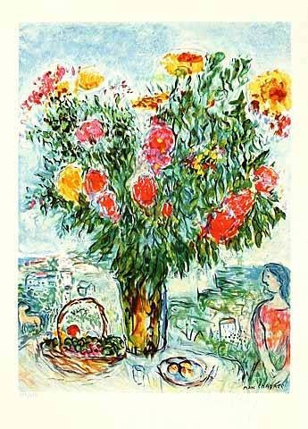 Chagall Marc Der grosse Blumenstrauss, steinsig. (Lithographie, nummeriert) (Blumenstrauß, Stillleben, mediterran, Sommer, Blumen, Blüten, üppig,  Treppenhaus, Wohnzimmer, Arztpraxis, Klassische Moderne, original, bunt)