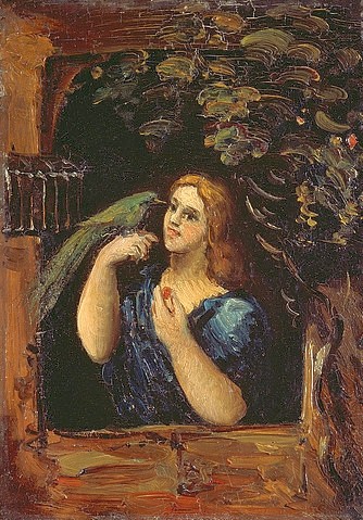 Paul Cézanne, Dame mit Papagei   1862/1864 (Cézanne,Paul,Christie's Images Ltd,1839-1906,Öl/Buchsbaumholz,Paul Cézanne,Romantik,Frau,Papagei,Vogel,19. Jahrhundert)