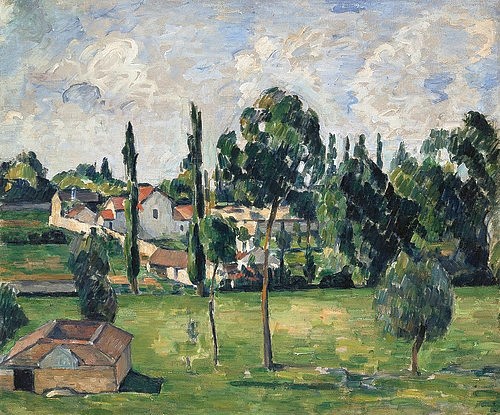 Paul Cézanne, Landschaft mit Wasserleitung (Paysage avec Conduite d'Eau). Um 1879 (Cézanne,Paul,1839-1906,Christie's Images Ltd,Öl auf Leinwand,19. Jahrhundert,Paul Cézanne,Impressionismus,Dorf,Landschaft,Licht,Wasserleitung,19. Jahrhundert,Frankreich)