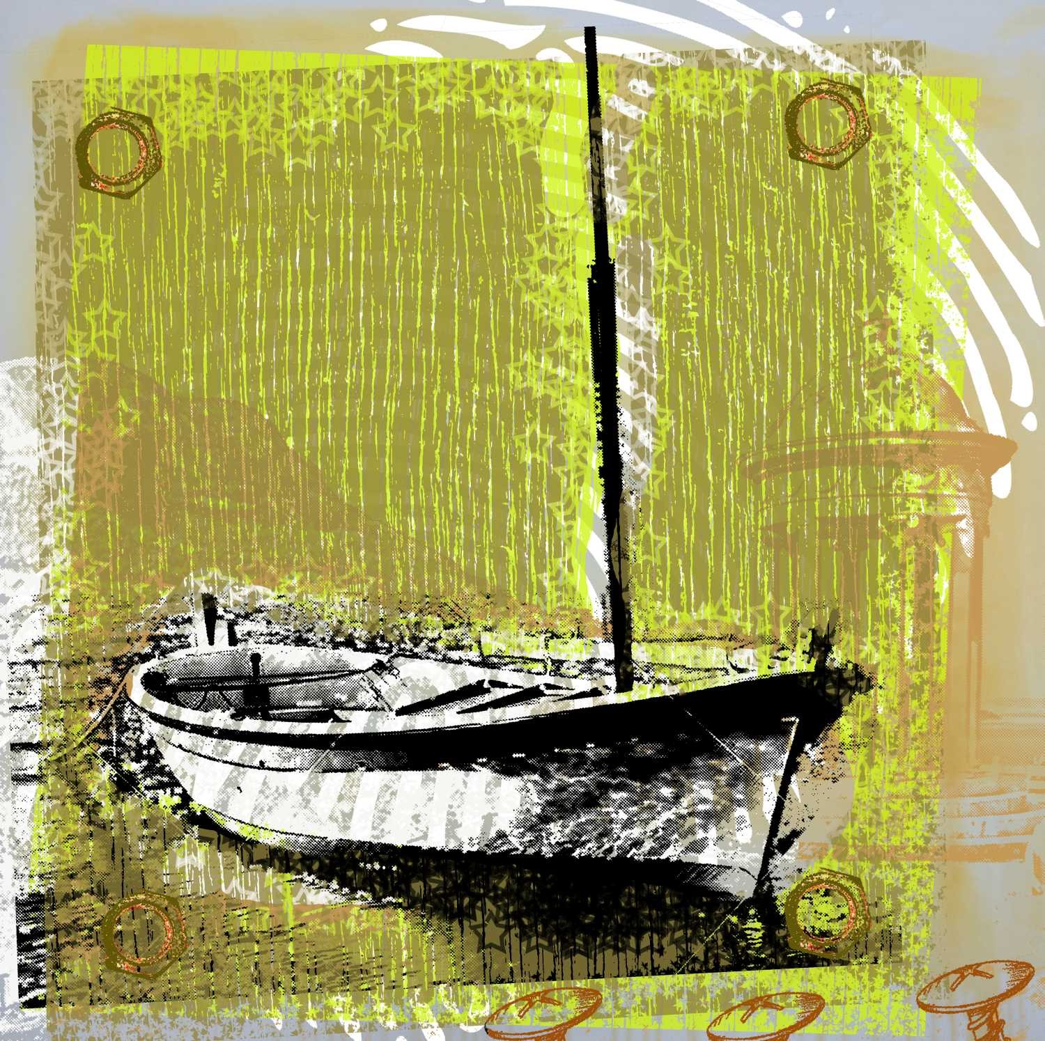 Peter Sander, Verlassen  (Segelboot, Einsamkeit, Fotokunst, Popart, modern, illustrativ, Wunschgröße, Treppenhaus, Wohnzimmer,)