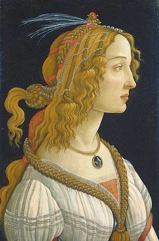 Sandro Botticelli, Weibliches Idealbildnis, angeblich der Simonetta Vespucci. Ca. 1475 (Portrait, Profil, Simonetta Vespucci, idealisiert, Schönheit, Flechtfrisur, Haarschmuck, Renaissance, Klassiker, Schlafzimmer, Wohnzimmer, Wunschgröße, bunt)