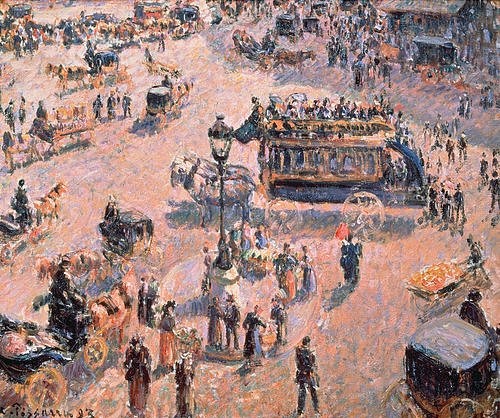 Camille Pissarro, Blick auf den Platz Saint-Lazare mit Pferde-Omnibus   1893 (Paris, Stadt, Hauptstadt, Platz, Kutschen, belebt, Menschen, Alltagsszene, Vogelperspektive, Frankreich, Impressionismus, Klassische Moderne, Wohnzimmer, Wunschgröße)