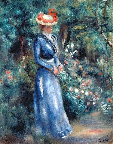 Pierre-Auguste Renoir, Dame in blauem Kleid im Park von Saint-Cloud. 1899 (Frau, Dame, Eleganz, Sommer, Strohhut, Spaziergang, Park,  Impressionismus, klassische Moderne, Wunschgröße, Wohnzimmer, Malerei)