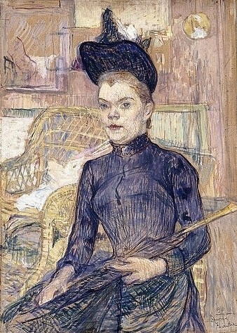 Henri de Toulouse-Lautrec, Frau mit schwarzem Hut (Berthe la Sourde). 1890 (Toulouse-Lautrec,Henri de,1864-1901,Christie's Images Ltd,Öl auf Holz,Portrait,Henri de Toulouse-Lautrec,Postimpressionismus,Symbolismus,19. Jahrhundert,Jahrhundertwende 1900,Frau,Berthe la Sourde,Regenschirm,Interieur,Hut,Halbfigur,Korbstuhl,schwarz)