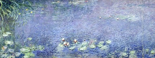 Claude Monet, Rechtes Mittelteil des großen Seerosenbildes im Musée de l'Orangerie. (Monet,Claude,1840-1926,Paris,Musée de l'Orangerie,Claude Monet,Impressionismus,Spätimpressionismus,französischer Impressionismus,Teich,See,Wasserspiegelung,Spiegelung,Seerose,Himmel,Ufer,linkes Mittelteil,Musée de l`Orangerie)