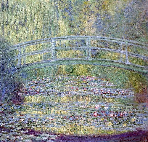 Claude Monet, Seerosenteich und japanische Brücke. 1899 (Öl auf Leinwand,Tokyo,Collection Suzuki,1840-1926,Monet,Claude,Claude Monet,Impressionismus,französischer Impressionismus,Spätimpressionismus,20. Jahrhundert,Teich,Seerose,Seerosenteich,Brücke,Garten,grün,Wasserspiegelung,japanisch)