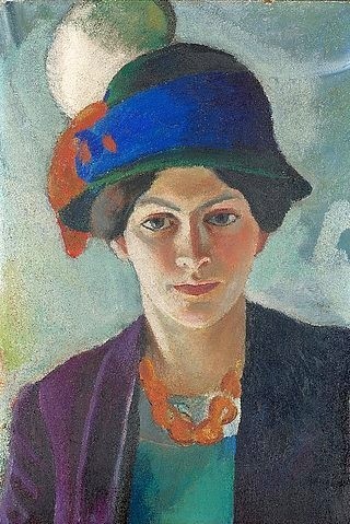 August Macke, Frau des Künstlers mit Hut. 1909 (Macke,August,1887-1914,Münster,LWL-Museum für Kunst und Kultur<br>Westfälisches Landesmuseum,Öl/Lwd.,doubliert,August Macke,Expressionismus,deutscher Expressionismus,Jahrhundertwende 1900,20. Jahrhundert,Portrait,Frau,Brustbildnis,Hut,Halskette,Frau Macke)