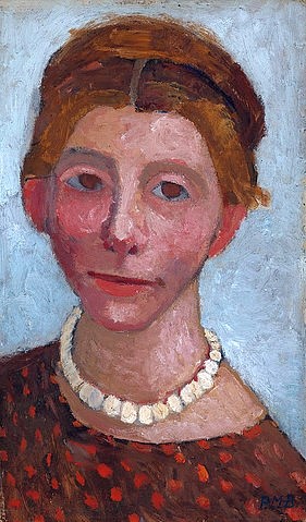Paula Modersohn-Becker, Selbstbildnis mit weißer Perlenkette. 1906 (Modersohn-Becker,Paula,1876-1907,Münster,LWL-Museum für Kunst und Kultur<br>Westfälisches Landesmuseum,Öl/Pappe,Paula Modersohn-Becker,Expressionismus,Worpsweder Kreis,20. Jahrhundert,Jahrhundertwende 1900,Selbstportrait,Frau,Perlenkette,Kette)