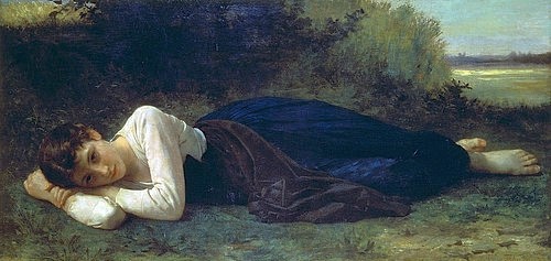 William Adolphe Bouguereau, Ruhende junge Frau. 1880 (Christie's Images Ltd,Bouguereau,William Adolphe,1825-1905,Öl auf Leinwand,William Adolphe Bouguereau,Akademiemalerei,19. Jahrhundert,Frau,Natur,Portrait,Ganzfigur,Melancholie,Ruhe,Mädchen)