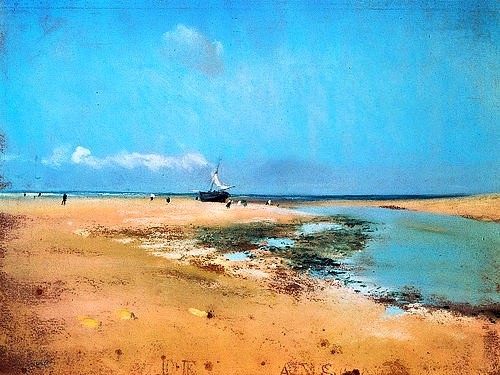 Edgar Degas, Strand bei Ebbe. 1869 (Degas,Edgar,1834-1917,Christie's Images Ltd,Pastell/Papier,Edgar Degas,Freilichtmalerei,19. Jahrhundert,Strand,Ebbe,Meer,Sand,Segelschiff,blauer Himmel, französischer impressionismus,französisch,impressionistisch)