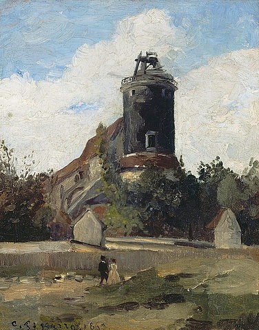 Camille Pissarro, Der Telegrafenturm auf dem Montmartre. 1863 (Christie's Images Ltd,Pissarro,Camille,1830-1903,Camille Pissarro,Realismus,19. Jahrhundert,Turm,Haus,Gebäude,Froschperspektive,Wolke,Montmartre,Paris, französischer impressionismus)