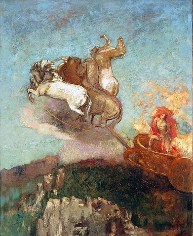 Odilon Redon, Der Wagen des Apollo. 1907/08 (Symbolismus, Figurativ, Apollon, Gott, griechische Mythologie, Sonnenwagen, Feuerwagen, Rosse, Pferde, Treppenhaus, Wohnzimmer, Wunschgröße, klassische Moderne, Malerei, bunt)