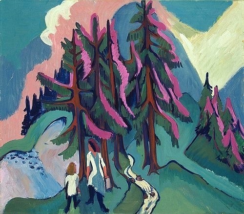 Ernst Ludwig Kirchner, Frau mit Kind unter Tannen. 1936 (Expressionismus,20. Jahrhundert,Öl auf Leinwand,Münster,LWL-Museum für Kunst und Kultur<br>Westfälisches Landesmuseum,1880-1938,Kirchner,Ernst Ludwig,Ernst Ludwig Kirchner,Expressionismus,deutscher Expressionismus,20. Jahrhundert,Wald,Gebirge,Spaziergang,)