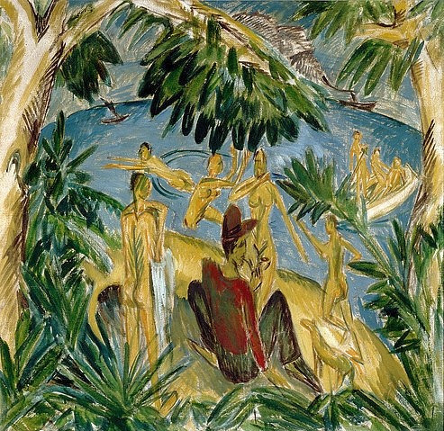 Ernst Ludwig Kirchner, Badende auf Fehmarn. 1913/14 (Öl auf Leinwand,Münster,LWL-Museum für Kunst und Kultur<br>Westfälisches Landesmuseum,1880-1938,Kirchner,Ernst Ludwig,LWL-MKuK/ARTOTHEK,Ernst Ludwig Kirchner,Brücke,Expressionismus,deutscher Expressionismus,20. Jahrhundert,Baden,Schwimmen,Fehmarn,Sommer,n)