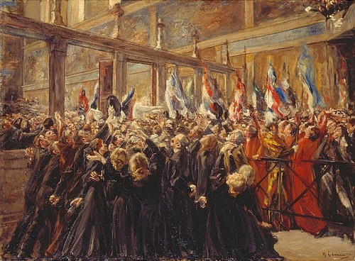 Max Liebermann, Papst Leo XIII. segnet die Pilger in der Sixtinischen Kapelle. 1906 (Öl/Lwd.,doubliert,Münster,LWL-Museum für Kunst und Kultur<br>Westfälisches Landesmuseum,1847-1935,Liebermann,Max,Max Liebermann,Impressionismus,deutscher Impressionismus,20. Jahrhundert,Katholizismus,Kirche,Papst,Leo XIII.,Fahne,Interieur,Sixtinische Kape)