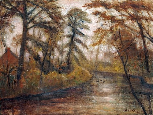 Otto Modersohn, Abenddämmerung (Herbst an der Wümme).   1933 (Natur, Fluss, Wümme, Ufer, Abend, Dämmerung, Herbst, Jahreszeit, Bauernhaus, Herbst,   Künstlerkolonie Worpswede, Klassische Moderne,   Wohnzimmer, Treppenhaus, Wunschgröße)