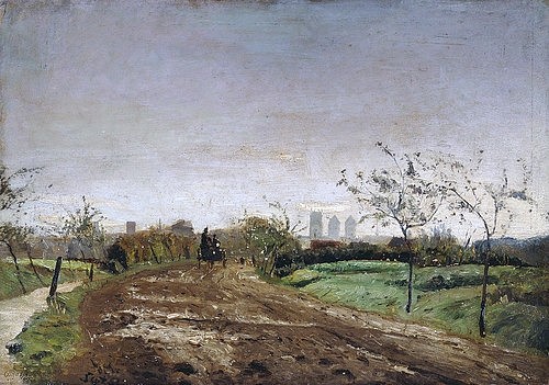 Otto Modersohn, Morgenlandschaft mit Kutsche vor Münster. 1887 (Morgen, Dämmerung, Stimmung, Kutsche, Landstraße, Münster, Landschaft, Landschaftsmalerei,  Künstlerkolonie Worpswede, Klassische Moderne,   Wohnzimmer, Treppenhaus, Wunschgröße)