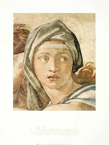 MICHELANGELO BUONARROTI, Portrait Sibyl (Offset) (Sibylle, Prophetin, Portrait, Detail, Wahrsagerin, Klassiker, Renaissance, Fresko, Deckengemälde, Sixtinische Kapelle, bunt)