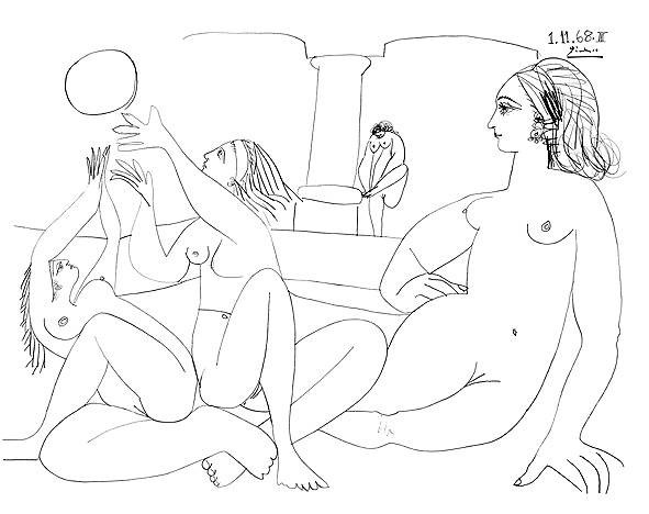 Picasso Pablo Das türkische Bad, 1968 (Duplex-Druckverfahren) (Klassische Moderne, Zeichnung, Aktzeichnung, Ballspiel,  Frauen, Bad,  Wohnzimmer, Treppenhaus, schwarz / weiß)