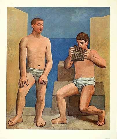 Picasso Pablo Die Panflöte, 1923 (Farbenlichtdruck) (Klassische Moderne, Malerei, rosa Periode, Männer, Junge Männer, Musiker, Panflötenspieler, Meer, Horizont, Strand, Schlafzimmer, Wohnzimmer, Originaldruck,  bunt)