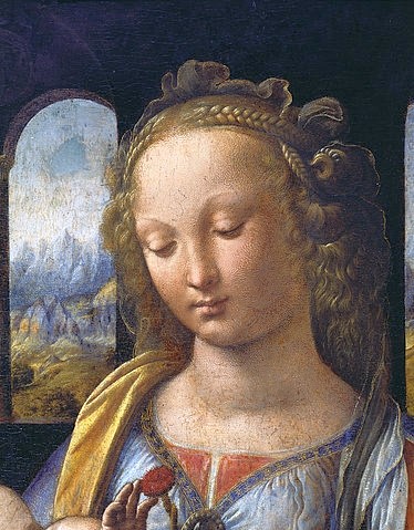 Leonardo da Vinci, Maria mit dem Kinde - Detail: Kopf der Maria (Madonna, Mutter, Kind, Blume, Nelke, Jesuskind, Detail, Religion, Neues Testament, Landschaft, Ausblick, Schlafzimmer, Wohnzimmer, Wunschgröße, Renaissance, Malerei, Klassiker)