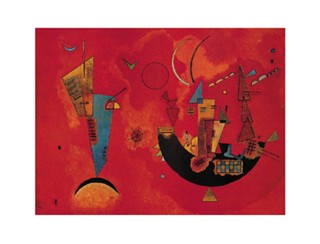 Wassily Kandinsky, Mit und Gegen (Klassische Moderne, Malerei, abstrakte Kunst, Architektur, Schweben, Gebäude, Turm, Bogen, abstrakte Formen, abstrakte Muster, Dreiecke, Kreise, Balken, Farbflächen, Wohnzimmer, Büro, Arztpraxis, rot / bunt)