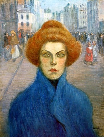 Théophile-Alexandre Steinlen, Auf dem Weg nach Hause. 1897 (Art Nouveau, Jugendstil, Frau, Portrait, Frauenegesicht, modisch, elegant, erst, distanziert, Straßenszene, Stadt, Wohnzimmer, Treppenhaus, Wunschgröße, bunt)