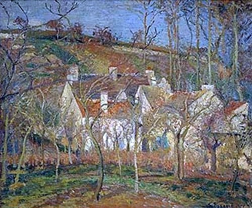 Camille Pissarro, Rote Dächer, Dorfecke im Winter. 1877 (Paris,Musée d'Orsay,Pissarro,Camille,1830-1903,Öl auf Leinwand,Camille Pissarro,Impressionismus,französischer Impressionismus,19. Jahrhundert,Dorf,Land,Garten,Winter,Haus,Dach)