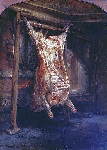 Rembrandt van Rijn, Der geschlachtete Ochse. 1655 (17. Jahrhundert,Öl auf Holz,1606-1669,Rembrandt van Rijn,Paris,Musée du Louvre,Rembrandt,Gerippe,Fleisch,Schlachthof,häuten,Schlachterei,Ochse)