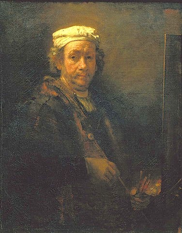 Rembrandt van Rijn, Selbstbildnis vor der Staffelei. 1660 (Paris,Musée du Louvre,Rembrandt van Rijn,1606-1669,Rembrandt van Rijn,Barock,holländischer Barock,17. Jahrhundert,Mann,Halbfigur,Selbstbildnis,Künstler,Portrait,Staffelei)