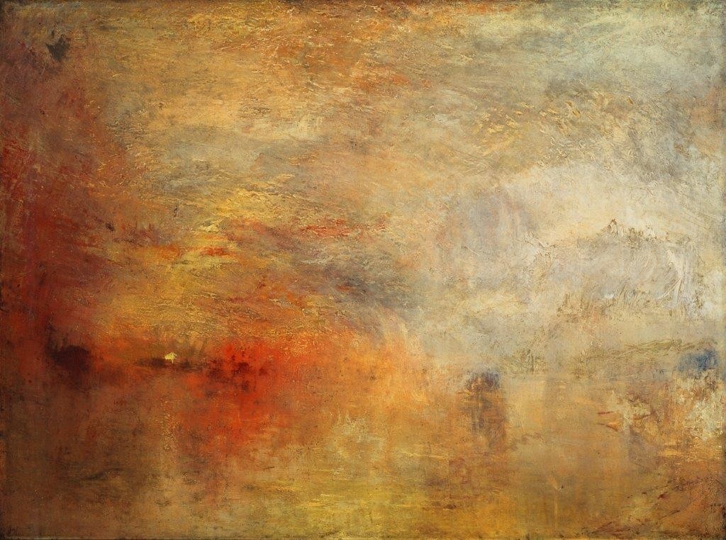 Joseph Mallord William Turner, Sonnenuntergang über einem See. 1840 (Turner,Joseph Mallord William,1775-1851,London,Tate Gallery,Joseph Mallord William Turner,Pleinairmalerei,Romantik,Freilichtmalerei,19. Jahrhundert,Sonnenuntergang,See,Stimmung,Atmosphäre)