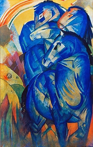 Franz Marc, Turm der blauen Pferde. 1913 (Aufnahme eines Hanfstaengl-Lichtdrucks nach dem im Krieg verschollenen Original) (Marc,Franz,1880-1916,Lichtdruck,Pferd,Marc,Franz Marc,20. Jahrhundert,blauer Reiter,Pferde,blau,Tiere,Regenbogen,Pferdekopf,Prismen,Tier,Turm,Expressionismus)