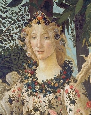 Sandro Botticelli, Detail aus dem Gemälde 'Der Frühling': Kopf der Flora. (Frühling, Flora, Göttin, Blumenkränze, Allegorie, Detail, Portrait, Mythologie, Renaissance, Klassiker, Schlafzimmer, Wohnzimmer, Wunschgröße, bunt)