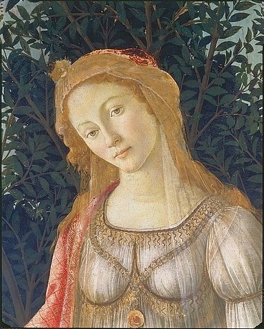 Sandro Botticelli, ""Detail aus dem Gemälde """"Der Frühling"""": Kopf der Venus."""" (Frühling, Venus, Allegorie, Detail, Portrait, Mythologie, Renaissance, Klassiker, Schlafzimmer, Wohnzimmer, Wunschgröße, bunt)