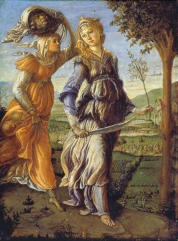 Sandro Botticelli, Die Rückkehr der Judith mit dem Haupt des Holofernes. (Frauen, Judith, Schwert, Kopf, Holofernes, Magd, Religion, Altes Testament,  Renaissance, Klassiker, Wunschgröße, Wohnzimmer, bunt)