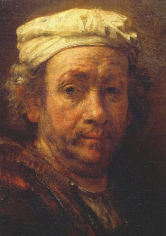 Rembrandt van Rijn, Selbstbildnis vor der Staffelei (Detail des Kopfes). 1660 (Paris,Musée du Louvre,Rembrandt van Rijn,1606-1669,)