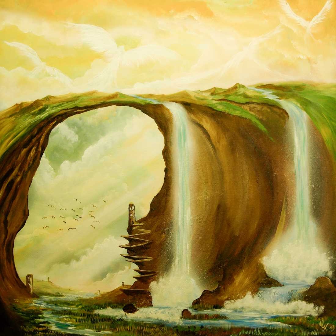 Conny Krakowski, Engelsflug (Surrealismus, Traum, Magie, Esoterik, Baum, Traumbaum,Lebensbaum,Geburt,Leben,Sterben,Wege, Lebensweg, Phantasie,Fantasie,Realismus,Malerei,Gemläde,detaiiert,Traumbild,Traumlandschaft,Landschaftsmalerei,Träumerei,Wasserfall,Berge,Wolken,)