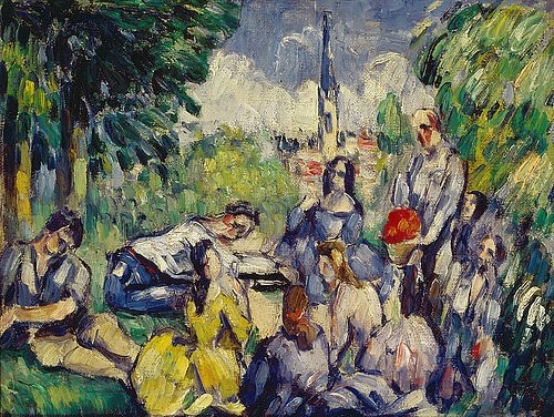 Paul Cézanne, Frühstück im Grünen. 1873/1875. (Cézanne,Paul,1839-1906,Paris,Musée de l'Orangerie,Paul Cézanne,Postimpressionismus,19. Jahrhundert,Frühstück,Park,Wald,Picknick,Gruppe,Morgen,Kirchturm,impressionismus,französisch,personen)