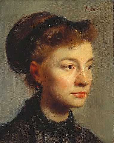 Edgar Degas, Bildnis einer jungen Frau. 1867 (Degas,Edgar,1834-1917,Paris,Musée d'Orsay,Edgar Degas,Impressionismus,19. Jahrhundert,Portrait,Frau,Brustbild, französischer impressionismus,französisch,impressionistisch)