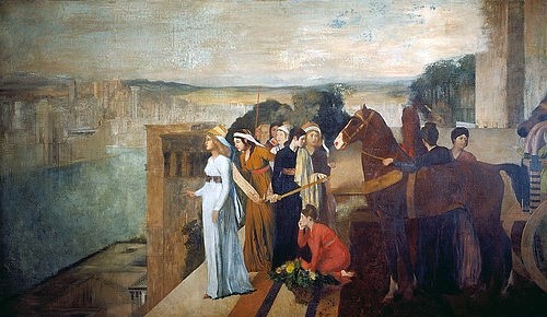 Edgar Degas, Die Erbauung Babylons durch Semiramis. 1861 (Degas,Edgar,1834-1917,Paris,Musée d'Orsay,Edgar Degas,19. Jahrhundert,Romantik,Semiramis,Babylon,Stadt,Königin,Frau,Erbauung,Pferd,Gruppe, französischer impressionismus,französisch,impressionistisch)